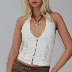 Princess Polly White Ribbed Lace Panel Button Up Halter Top US 12